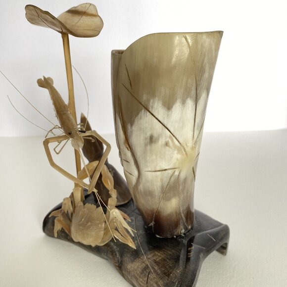 Crab Shrimp Lotus Hand Carved Animal Horn Sculpture Pen Holder Vintage Desk Set - Picture 4 of 16